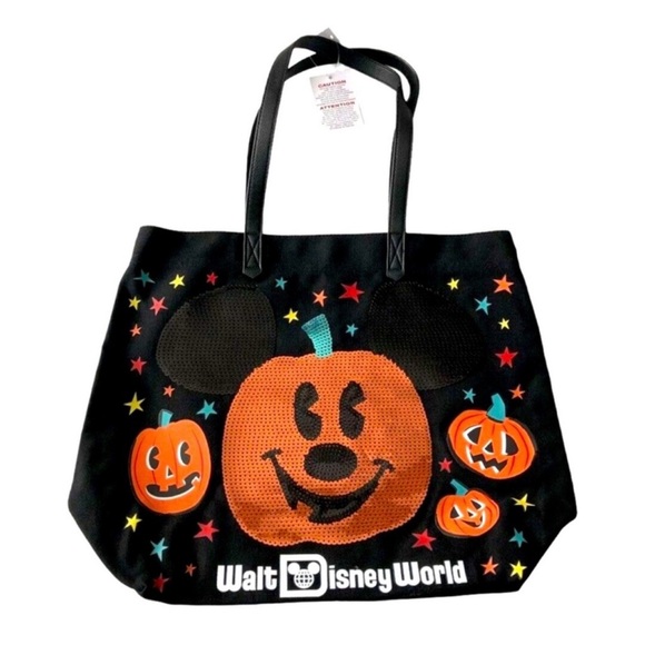 NWT Disney Park Walt Disney World Canvas Tote Bag Halloween Pumpkin Mickey Mouse - Picture 1 of 3